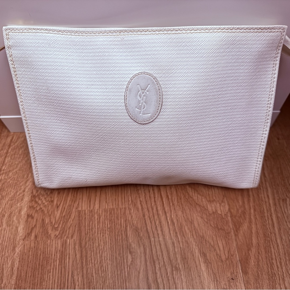 GUC Authentic Yves Saint Laurent White Fabric Clutch/Toiletry Pouch